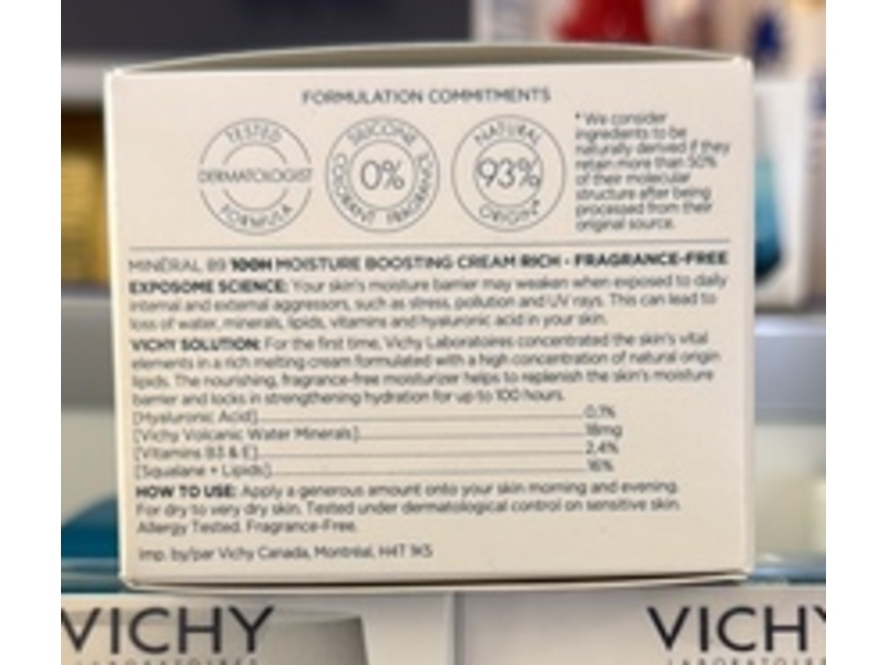 Vichy Mineral 89 100H Moisture Boosting Cream, Hyaluronic Acid & Niacinamide, 1.69 fl oz/50 mL