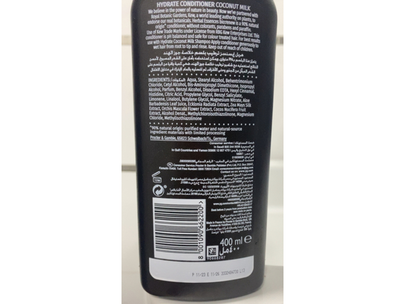 Herbal Essences Real Botanicals Conditioner, Coconut Milk, 400 mL