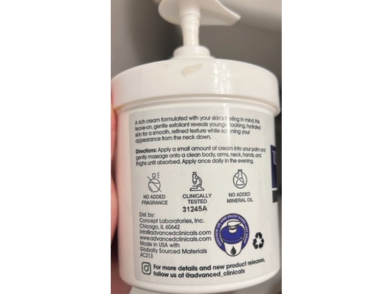 Advanced Clinicals Exfoliating Body Cream, 10% Glycolic Acid + Lactic Acid, 16 oz/454 g