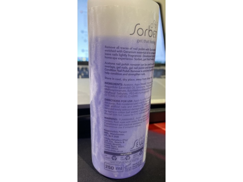 Clicks Sorbet Condition Nail Polish Remover, Acetone Lavender Oil, 250 mL