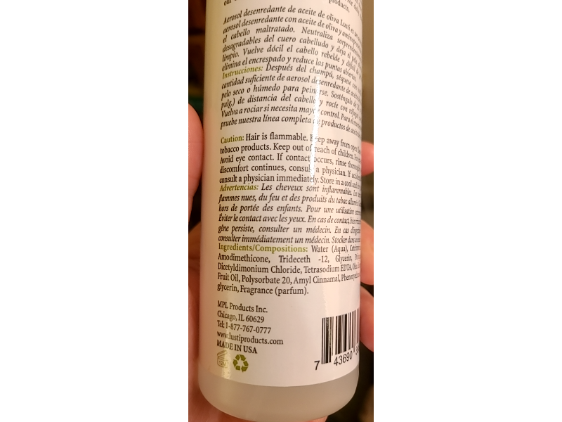 Lusti Anti Frizz & Detangling Spray, Olive Oil, 13.5 fl oz/399 mL