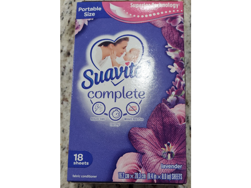 Suavitel Complete Fabric Softener Dryer Sheets, Lavender, 18 Sheets, Pack Of 15