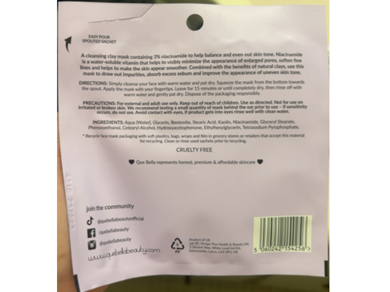 Que Bella 3% Niacinamide Clay Mask, 0.4 oz/12 g