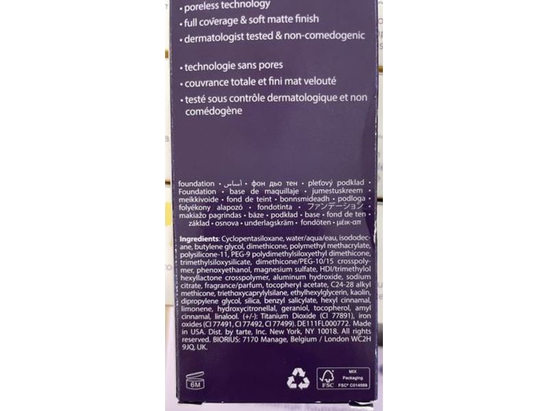 Tarte Amazonian Clay 16-Hour Full Coverage Foundation, 27S Light-Medium Sand, 1.7 fl oz/30 mL