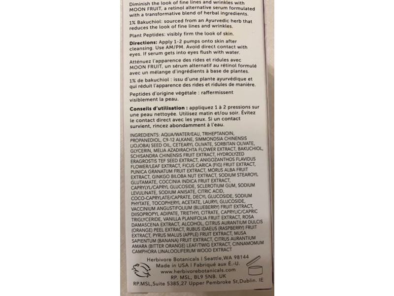 Herbivore Moon Fruit Retinol Alternative Serum, 1% Bakuchiol + Peptides, 1 fl oz/30 mL