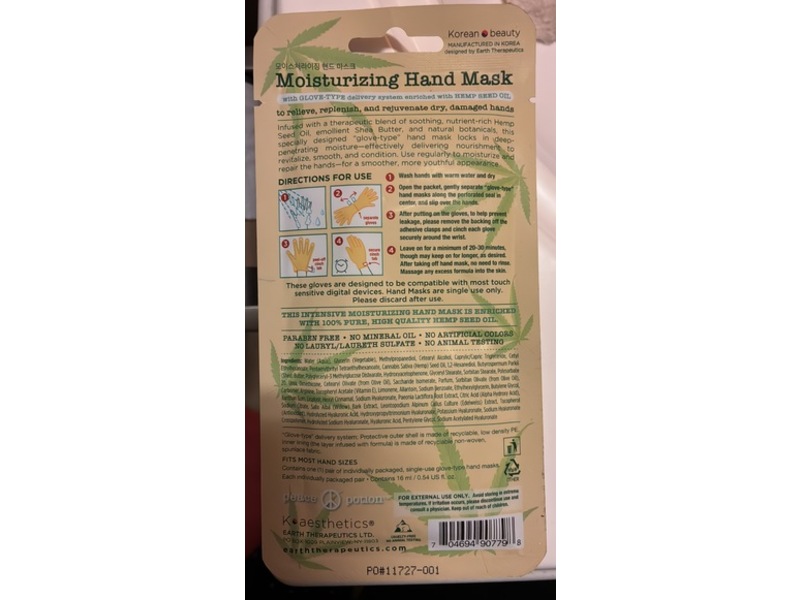 Earth Therapeutics Moisturizing Hand Mask, Hemp Seed Oil, 0.54 fl oz/16 mL