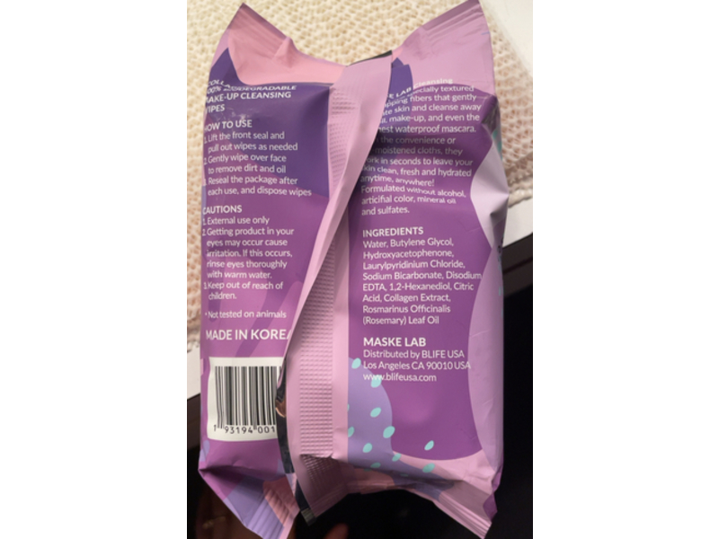 Maske Labs Collagen Make Up Cleansing Wipes, Calming & Moisturizing, 30 Count