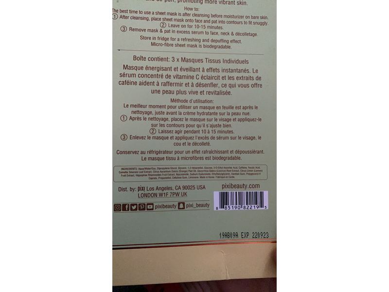 Pixi Beauty Energizing Infusion Beauty Sheet Mask, Vitamin C , 0.8 oz/23 g, 3 Count
