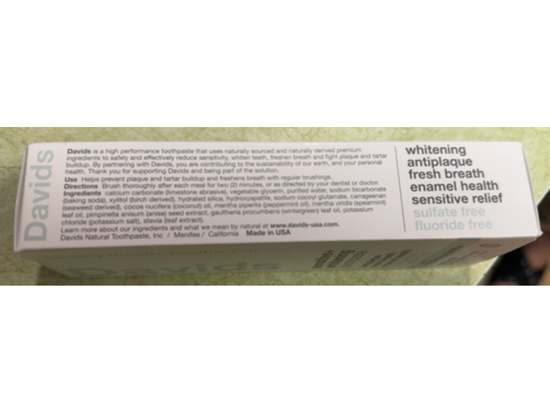 Davids Nano - Hydroxyapatite Sensitive + Whitening Toothpaste, Natural Peppermint, 4 oz/113 g