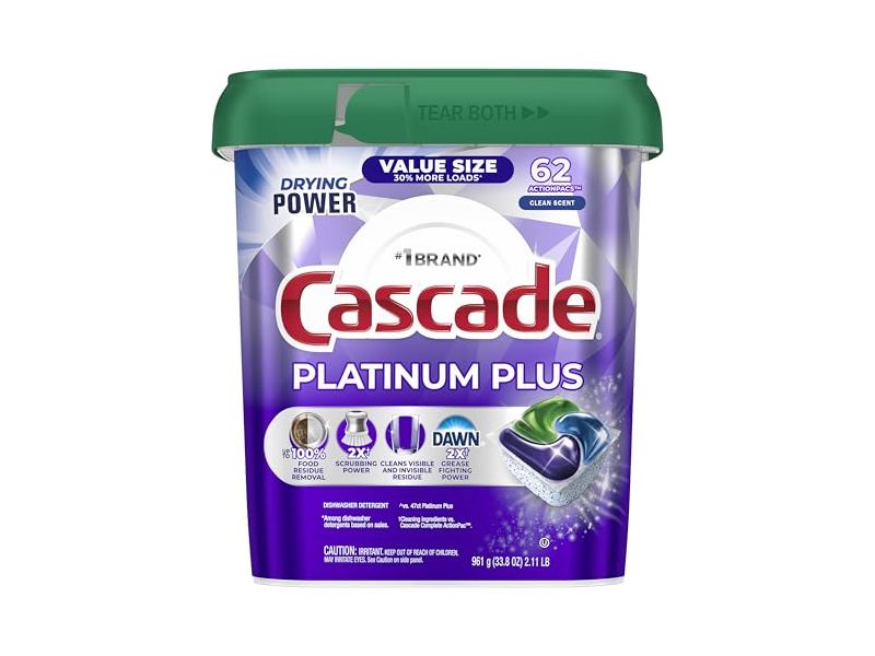 Cascade Platinum Plus Dishwasher Detergent Pods, Clean Scent, 33.8 oz/961 g, 62 Count