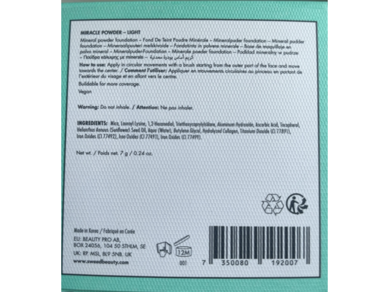 Sweed Miracle Powder, Light, 0.24 oz/7 g