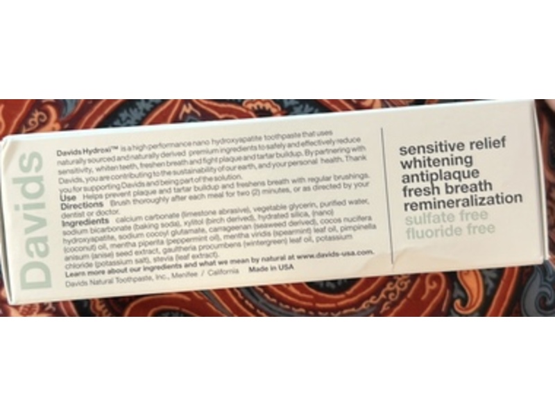 Davids Hydroxi Sensitive + Whitening Toothpaste, Natural Peppermint, 1.75 oz/50 g