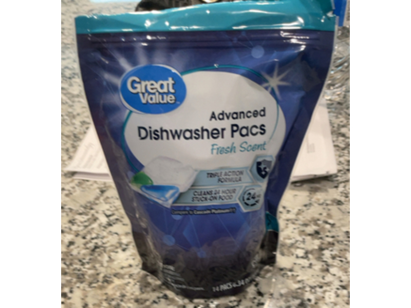 Great Value Advanced Dishwasher Pacs, Fresh Scent, 6.34 oz/180 g, 14 Pacs