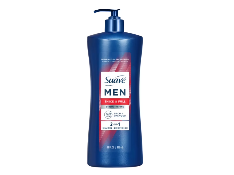 Suave Men Thick & Full Strengthening 2-In-1 Shampoo + Conditioner, Birch & Oakwood, 28 fl oz/828 mL