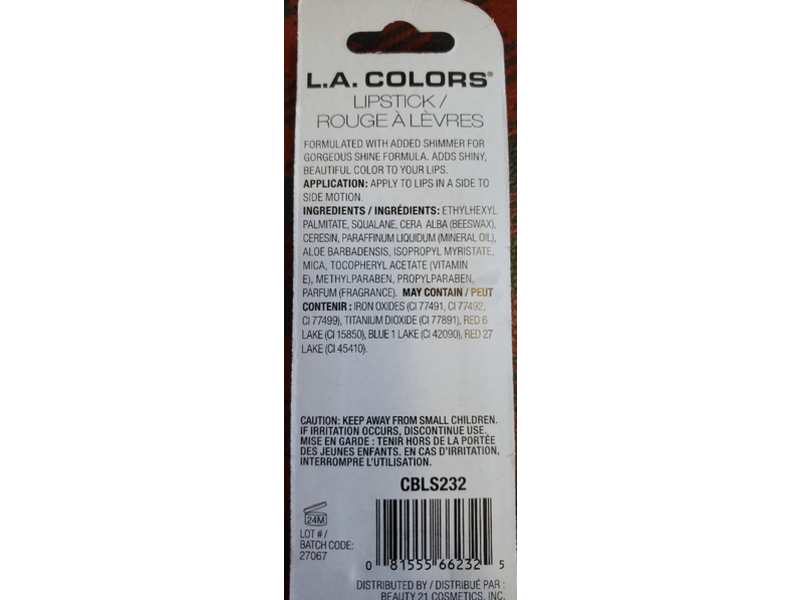 L.A. Colors Shiny Lipstick CBLS232 Hearthrob, 0.11 oz/3.2 g