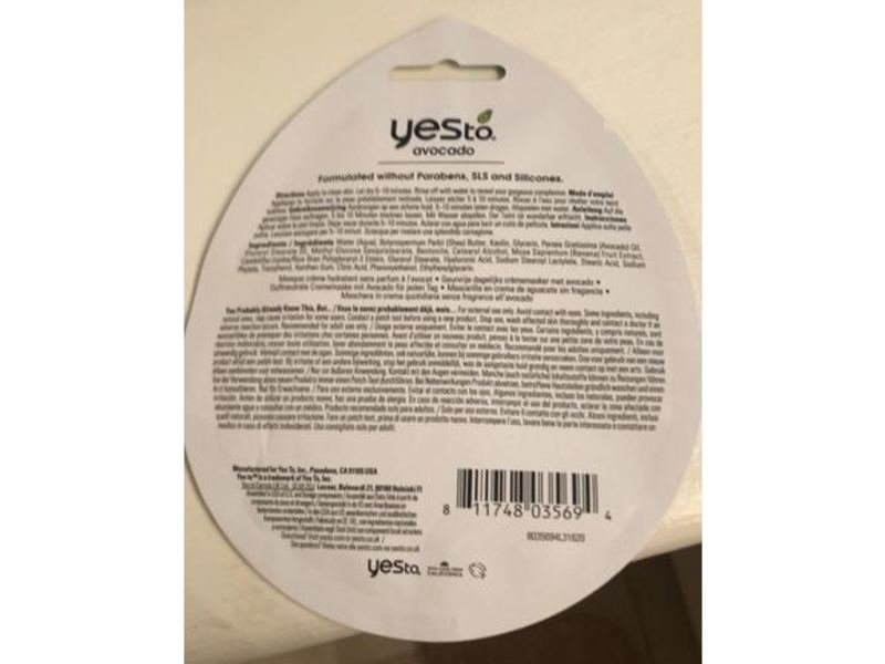 Yes To Avocado Fragrance-Free Hydrating Cream Mask, Dry Skin, 0.33 fl oz/10 mL