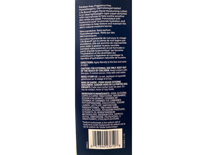 Life Brand Night Facial Moisturizing Lotion, Ceramides, Niacinamide & Hyaluronic Acid, 89 mL