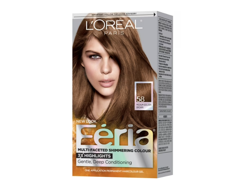 L'Oreal Paris Feria Multi-Faceted Shimmering Permanent Hair Color Kit, 58 Medium Golden Brown