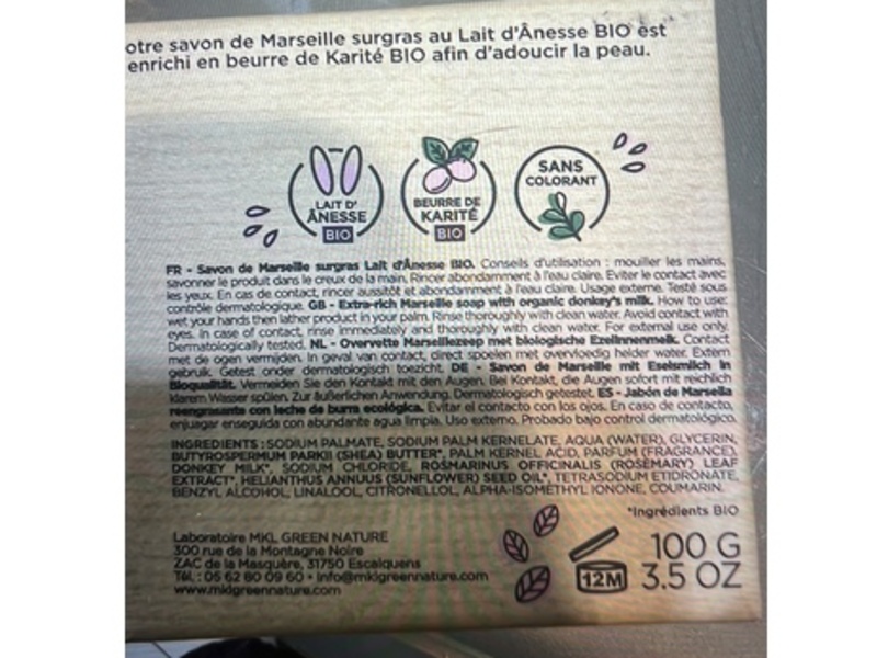 MKL Green Nature Marseille Soap, Donkey Milk, 3.5 oz/100 g