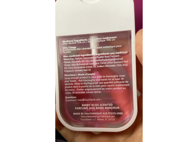 Touchland Power Mist Hydrating Hand Sanitizer, Berry Bliss, 1 fl oz /30 mL