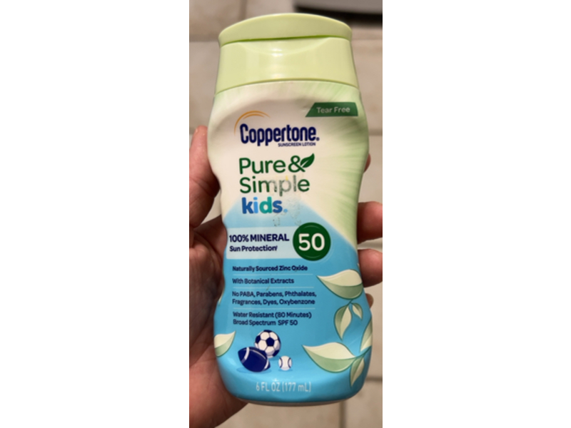 Coppertone Pure & Simple Kids Mineral Sunscreen Lotion, SPF 50, Botanicals Extracts, 6 fl oz/177 mL