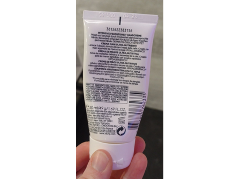 Vichy Laboratories Ultra-Nourishing Hand Cream, Hypoallergenic, 1.69 fl oz/50 ml