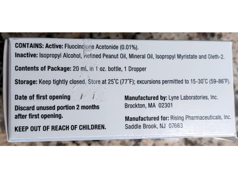 Fluocinolone Acetonide Oil Ear Drops, 0.01%, 20 mL, Rising Pharmaceuticals (RX)