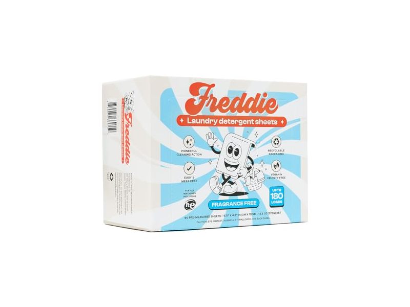 Freddie Laundry Detergent Sheets, Fragrance Free, 180 Loads, 13.3 oz/378 g, 90 Count