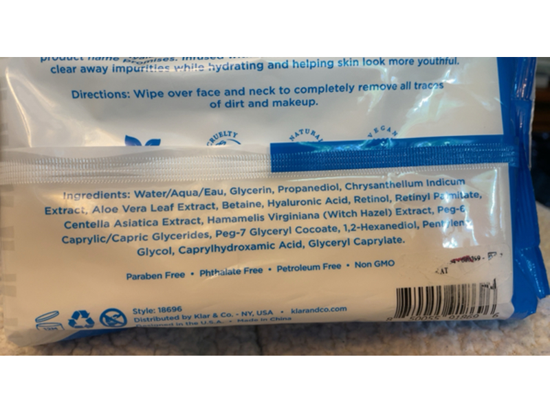 Clear Beauty Cleansing Wipes, Hyaluronic & Retinol, 60 Counts