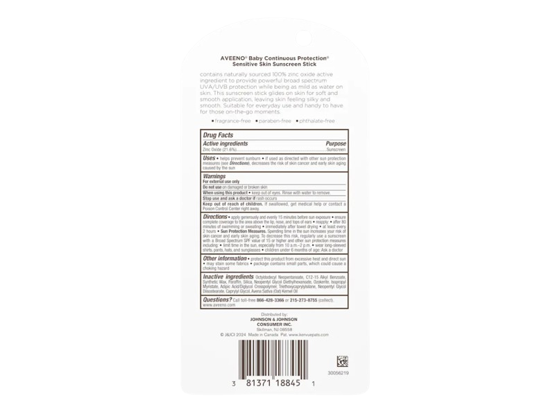 Aveeno Baby Continuous Protection Sensitive Skin Sunscreen Stick, SPF 50, 0.47 oz/13 g