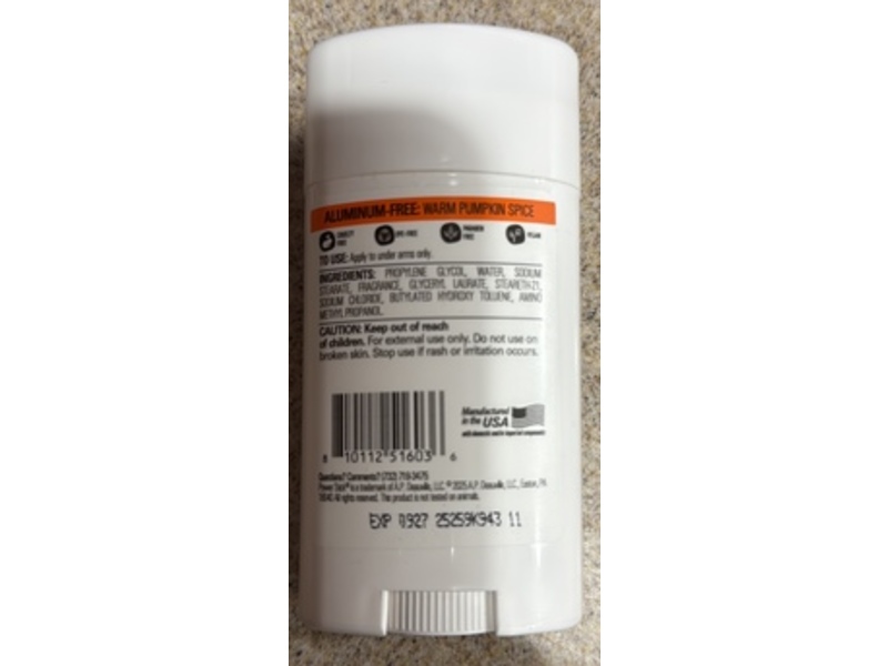 Power Stick Aluminum-Free Deodorant, Warm Pumpkin Spice, 2.25 oz/64 g
