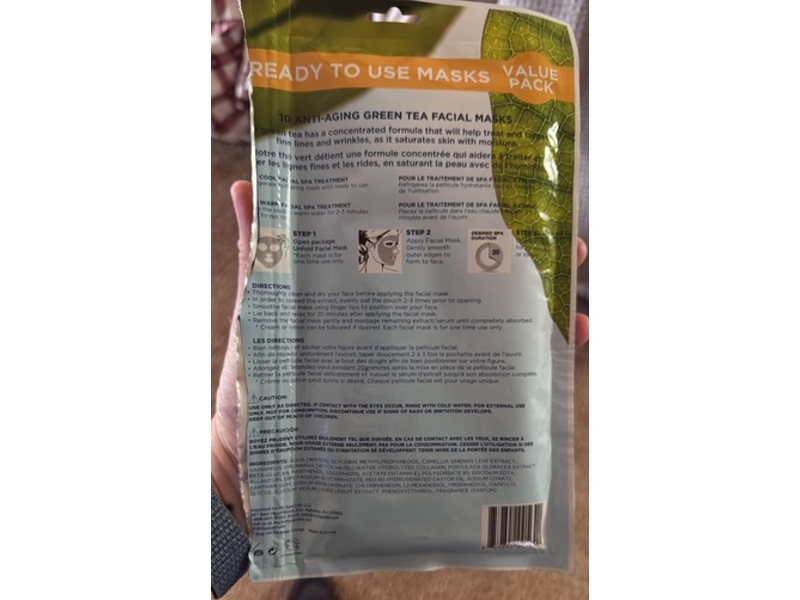 Spalife Anti-Aging Facial Mask, Green Tea, 0.63 oz/18 g, 10 Count