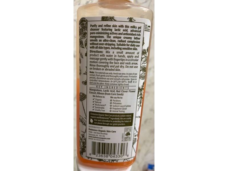 Eminence Organic Skincare Mangosteen Daily Resurfacing Cleanser, Lactic Acid Complex, 4.2 fl oz/125 mL