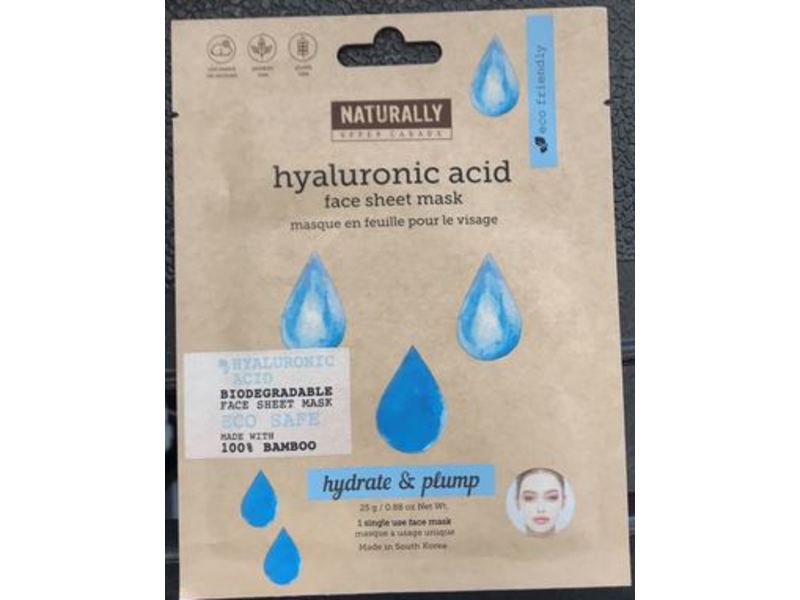 Naturally Hyaluronic Acid Face Sheet Mask, Hydrate & Plump, 0.88 oz/25 g, 5 Count