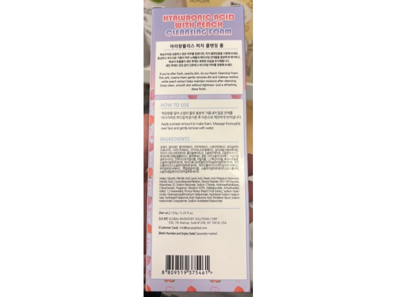 Arirang Bliss Cleansing Foam, Hyaluronic Acid & Peach, 5.29 fl oz/150 g