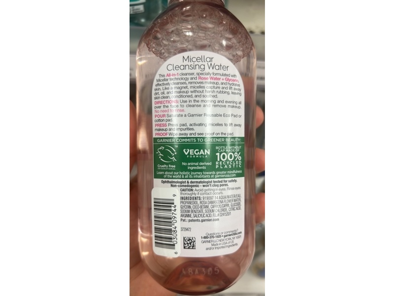 Garnier Skinactive Micellar Cleansing Water, Rose Water + Glycerin, 13.5 fl oz/400 mL
