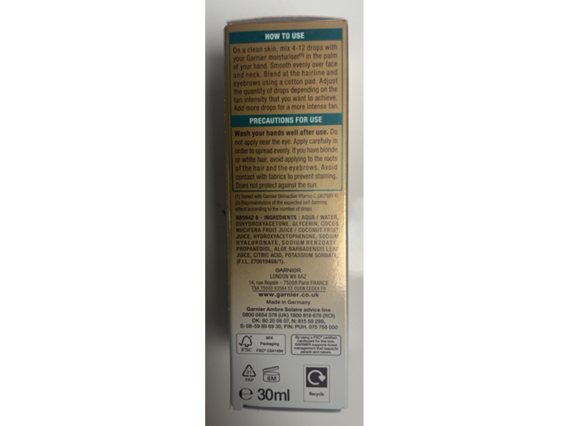 Garnier Ambre Solaire Natural Bronzer Self Tan Face Drops, 30 mL