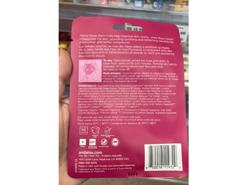 Andalou Naturals 1000 Roses Instant Sooth & Smooth Hydro Serum Facial Mask, 0.6 fl oz/18 mL