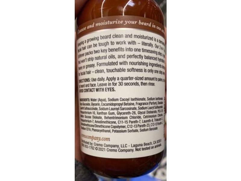 Cremo 2-In-1 Beard Wash & Softener, Bourbon Vanilla, 6 fl oz/177 mL