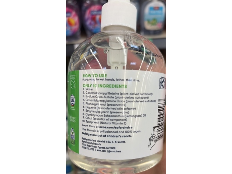 Ecos Plant Powered Hand Soap, Lemongrass, 17 fl oz/503 mL