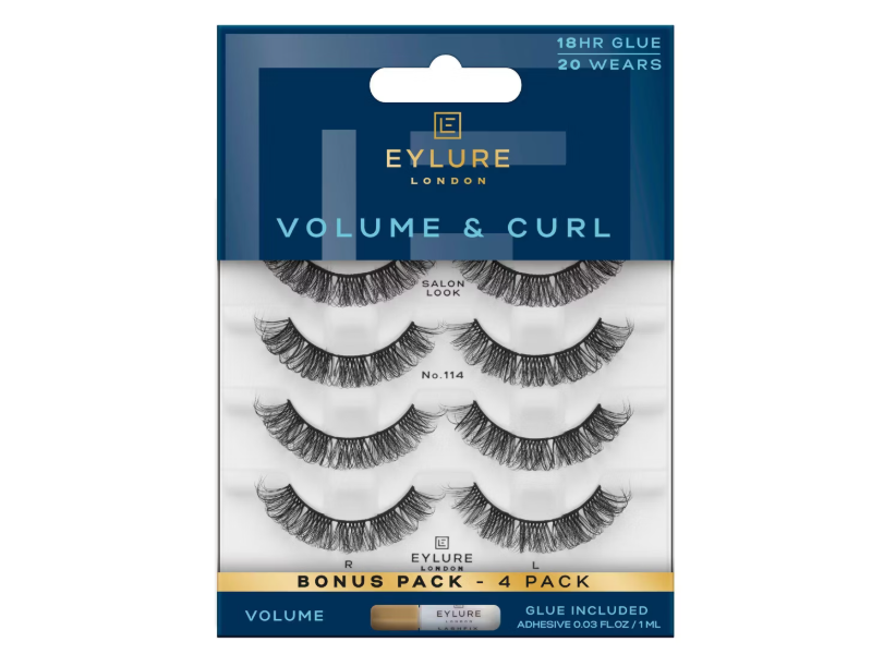Eylure London Volume & Curl Eyelashes & Glue Adhesive, No 114, 0.03 fl oz/1 mL, 40 Count, Pack Of 4