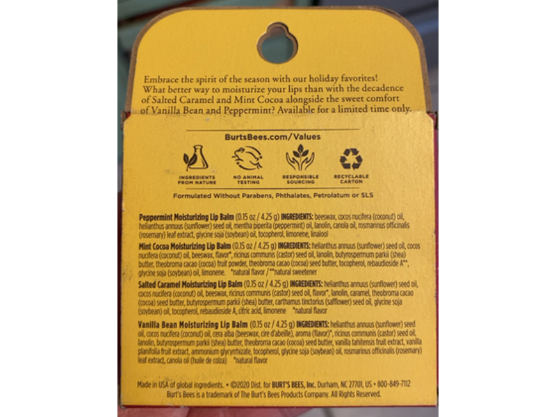 Burt's Bees Lip Balm, 0.15 oz/4.25 g, Pack Of 4