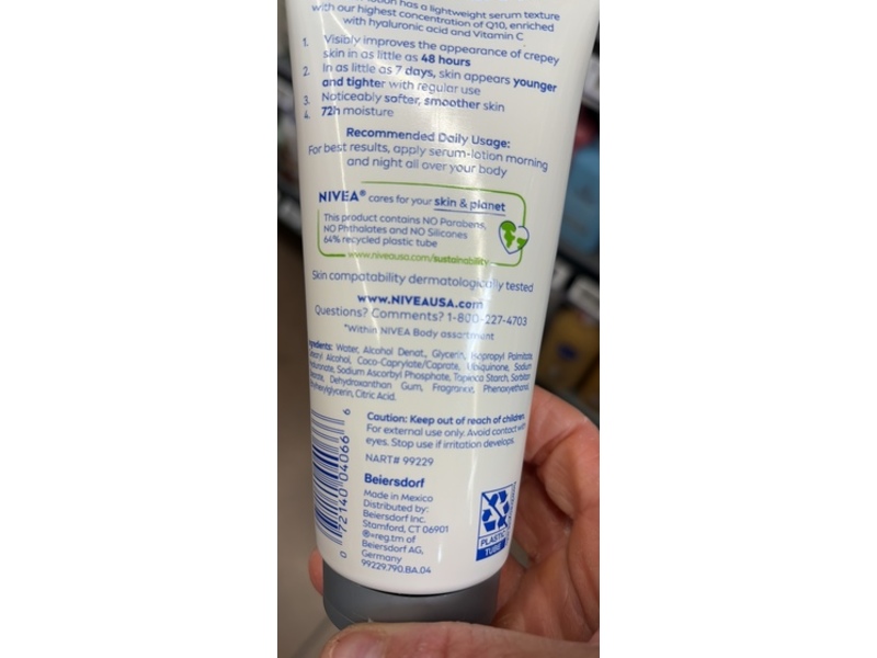 NIVEA Skin Firming & Anti Crepe Body Serum Lotion, Hyaluronic Acid + Vitamin C, 6.7 fl oz/200 mL