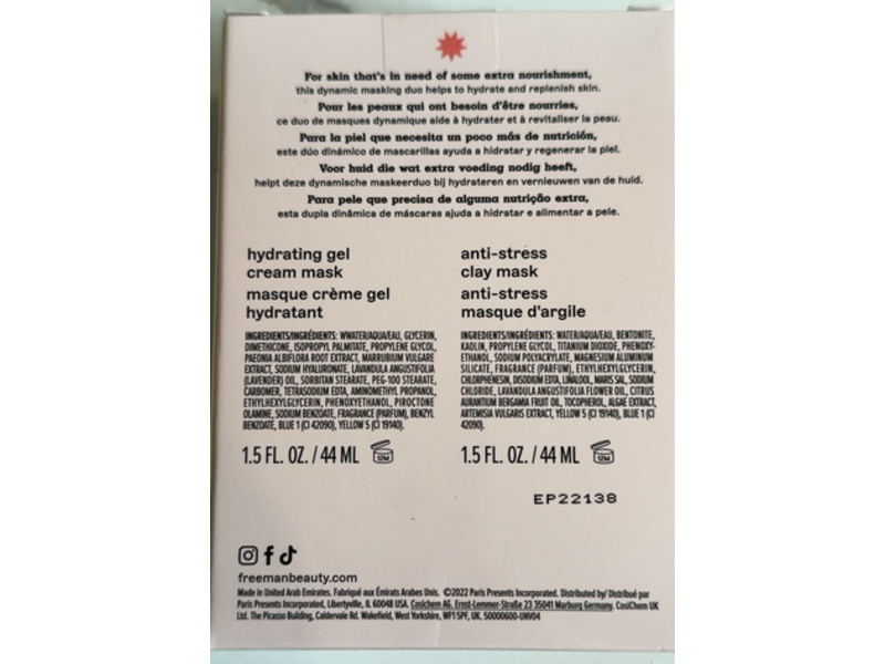 Freeman Beauty Hydrating Gel Cream Mask & Anti Stress Clay Mask Set, Glacier Water + Pink Peony & Dead Sea Minerals, 1.5 fl oz/44 mL