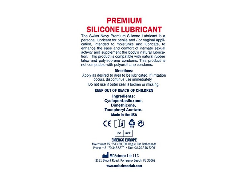 Swiss Navy Pres Lubricant, Silicone, 8 OZ Ingredients and Reviews