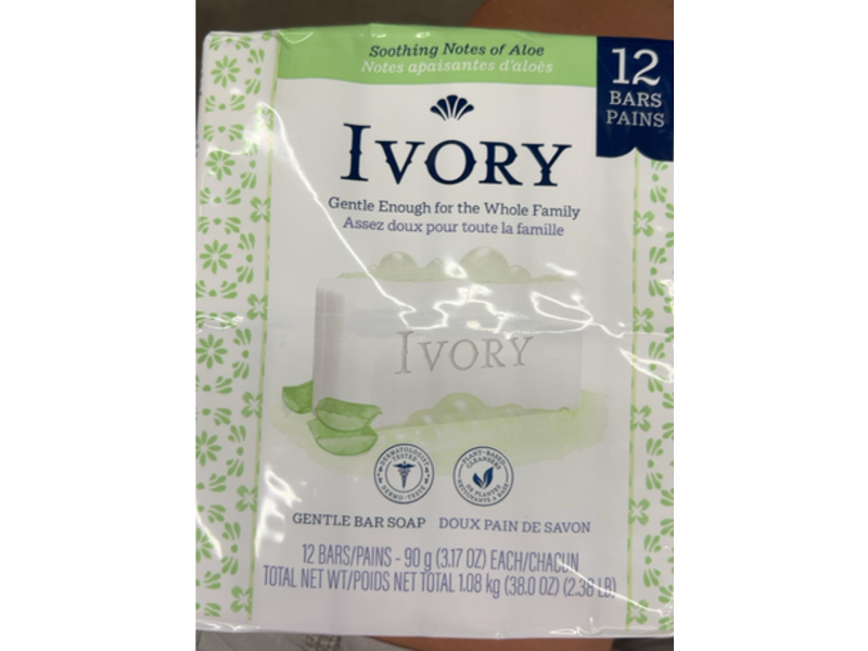 Ivory Gentle Bar Soap, 3.17 oz/90 g, Aloe, 12 Count