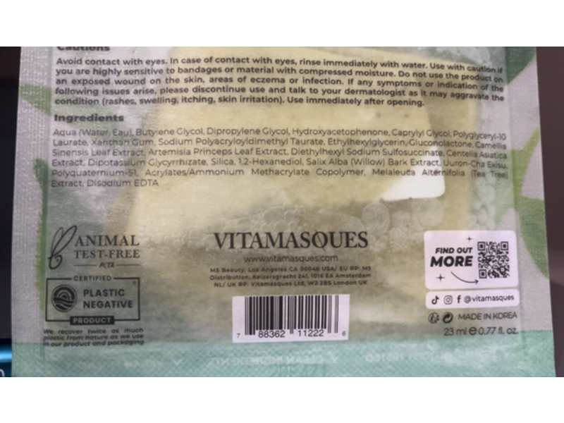 Vitamasques Superfood Matcha Antioxidant Sheet Mask, Green Tea, Count 1