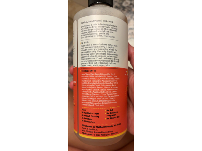 Alaffia Babies & Kids Bubble Bath, Coconut + Strawberry, 16 fl oz/473 mL, Pack Of 2