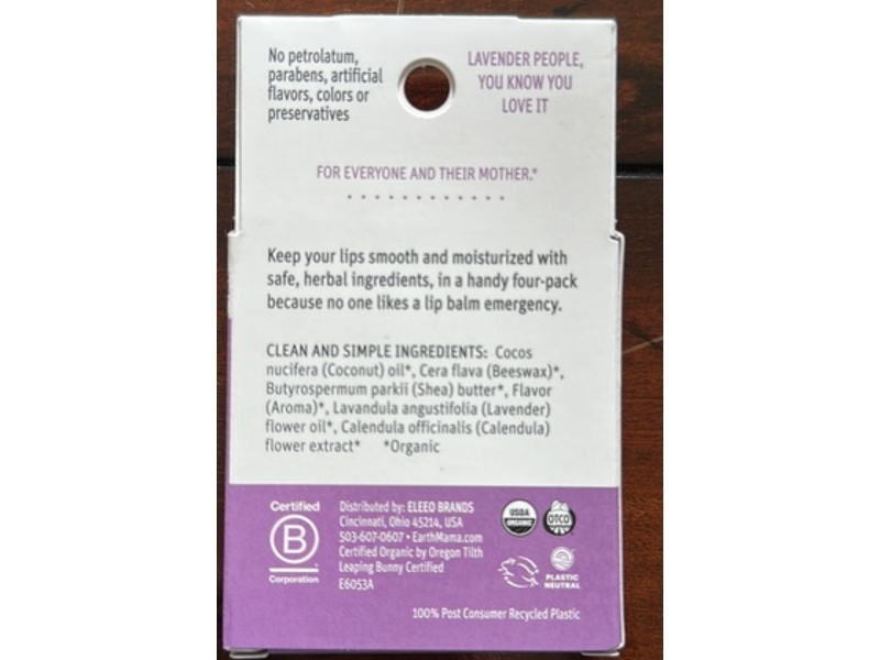 Earth Mama Quadruplets Organic Lip Balm, Lavender Dream, 0.52 oz/15.2 g, Pack Of 4