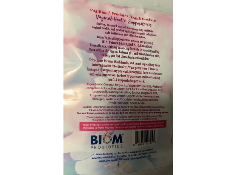 VagiBiom Probiotic + Prebiotic Vaginal Microbiome Balancing Suppositories, Unscented, 15 Count